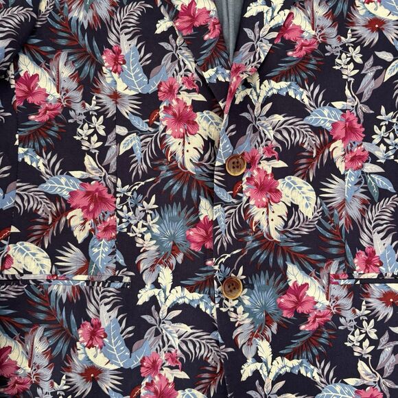 Tallia Blazer Mens Size 38R Blue Slim-Fit Floral Print Suit Jacket Linen Blend - Picture 4 of 11